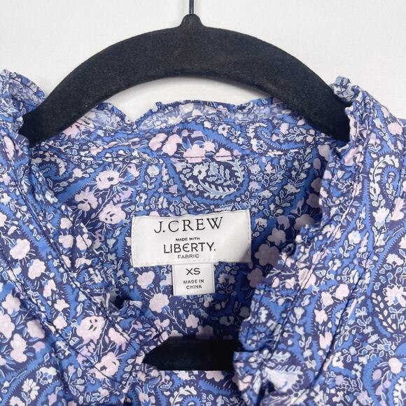 JCrew Women XS Blue Purple Button Front Ruffleneck Popover Liberty Bourton Bloom - Picture 7 of 11